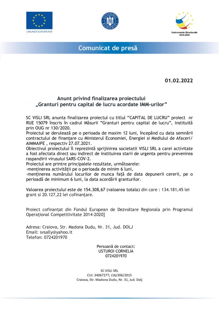Comunicat de presă SC VISLI SRL