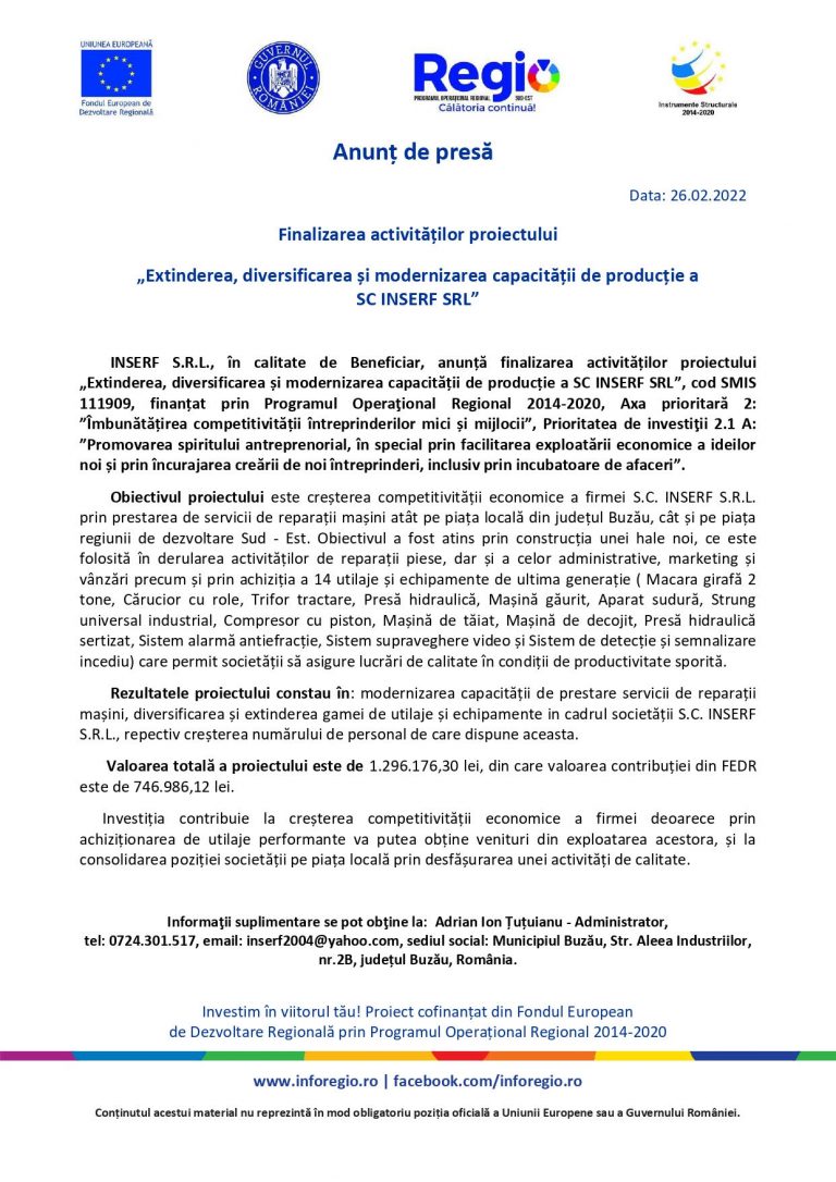 Comunicat de presă INSERF SRL