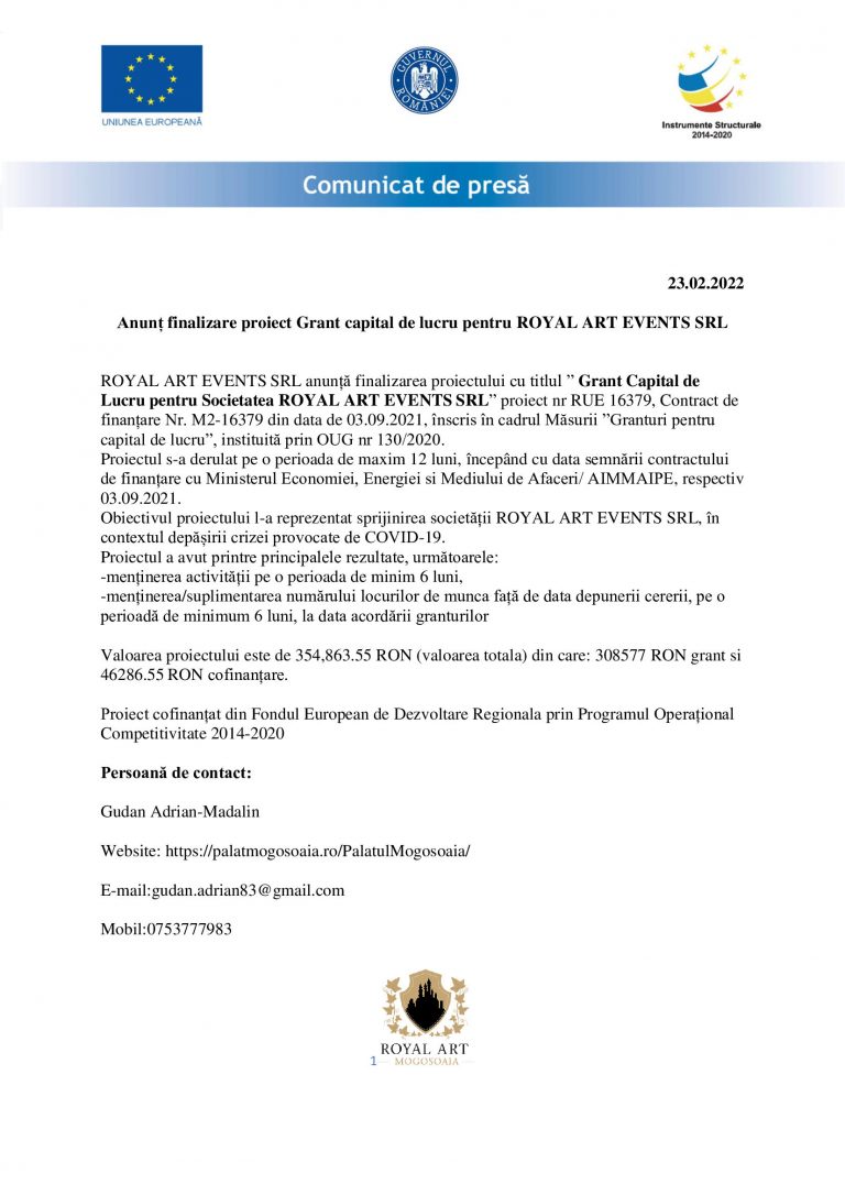 Comunicat de presă ROYAL ART EVENTS SRL