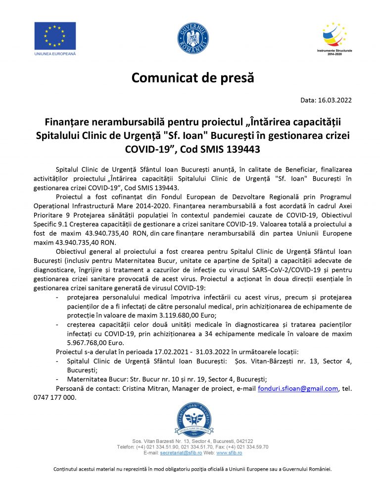 Comunicat de presă Spitalul Clinic de Urgență „Sf. Ioan” București