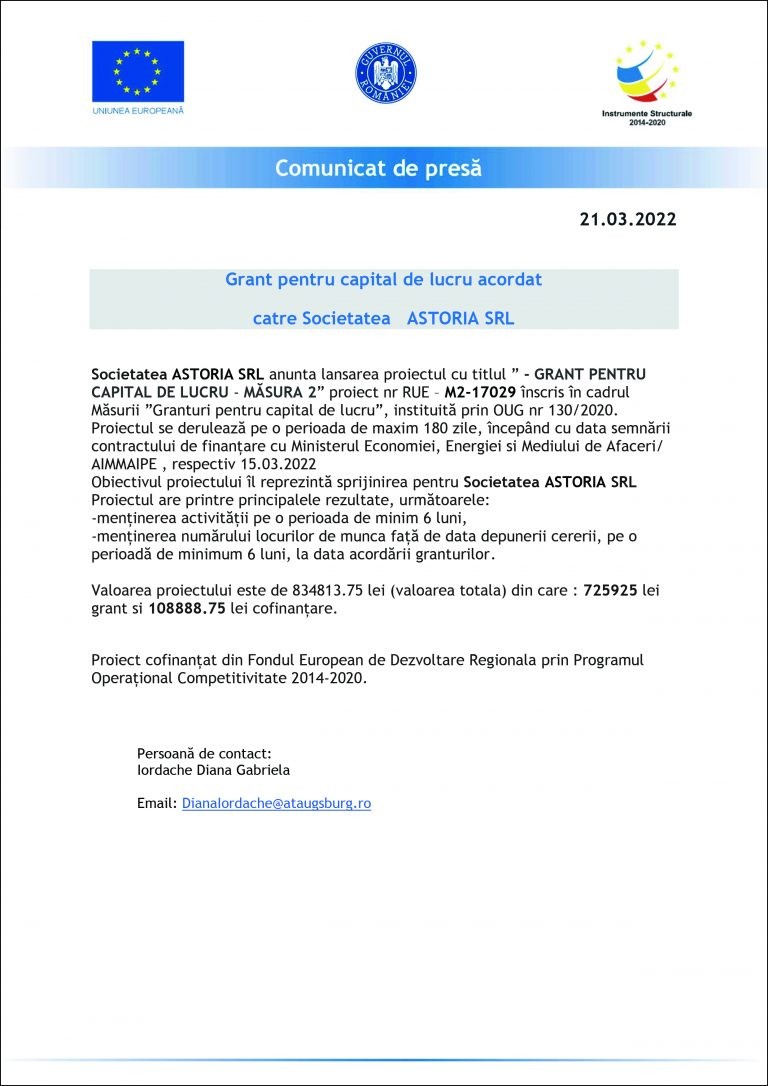 Comunicat de presa ASTORIA SRL