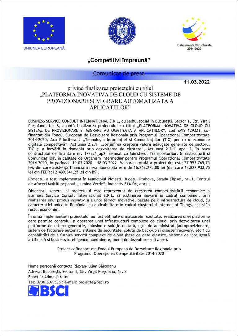 Comunicat de presa BUSINESS SERVICE CONSULT INTERNATIONAL S.R.L.