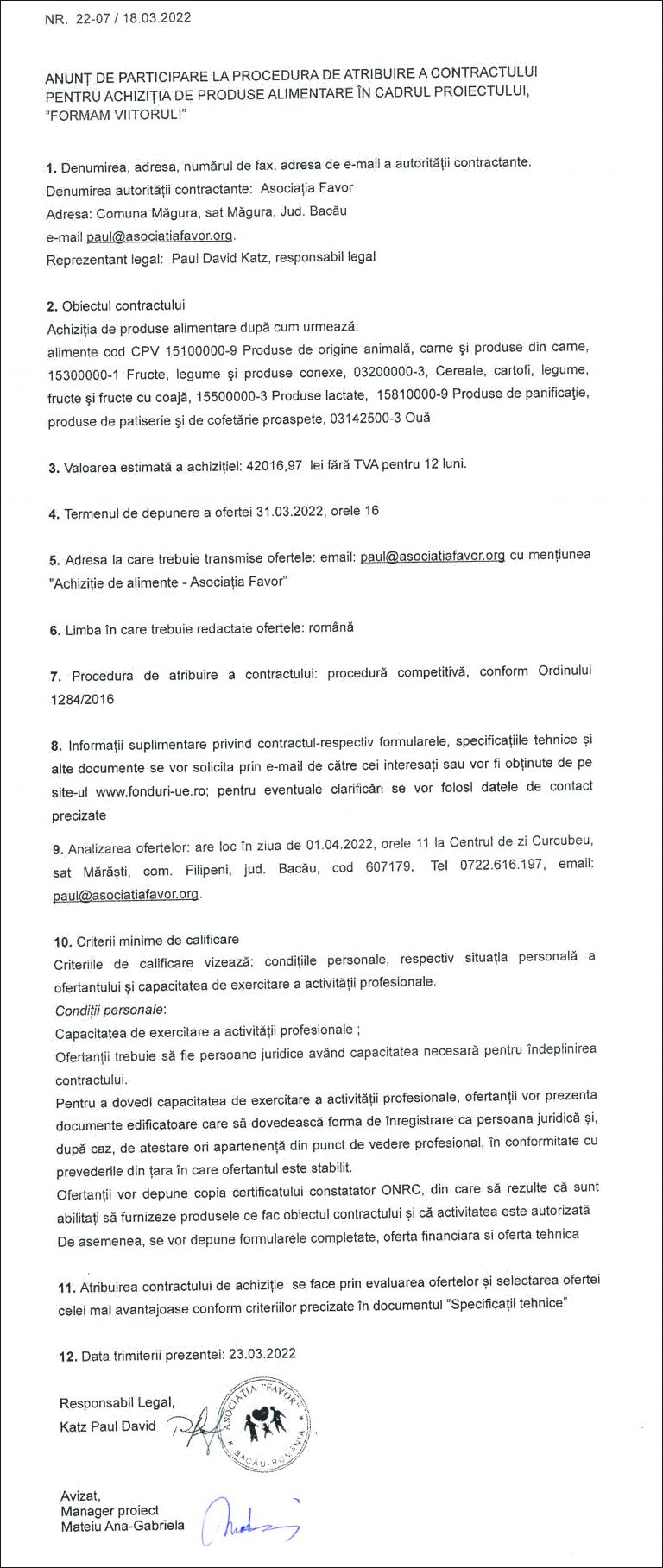 Anunț de participare Asociația Favor