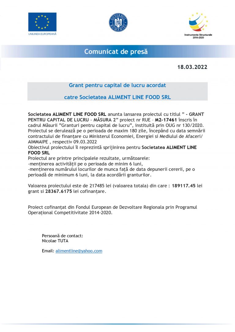 Comunicat de presă Aliment Line Food SRL