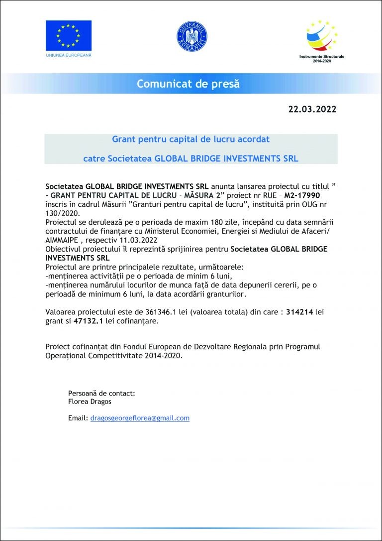 Comunicat de presă GLOBAL BRIDGE INVESTMENTS SRL