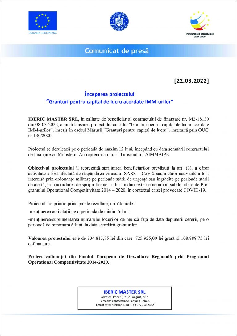 Comunicat de presă IBERIC MASTER SRL