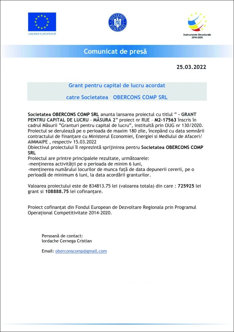 Comunicat de presă OBERCONS COMP SRL