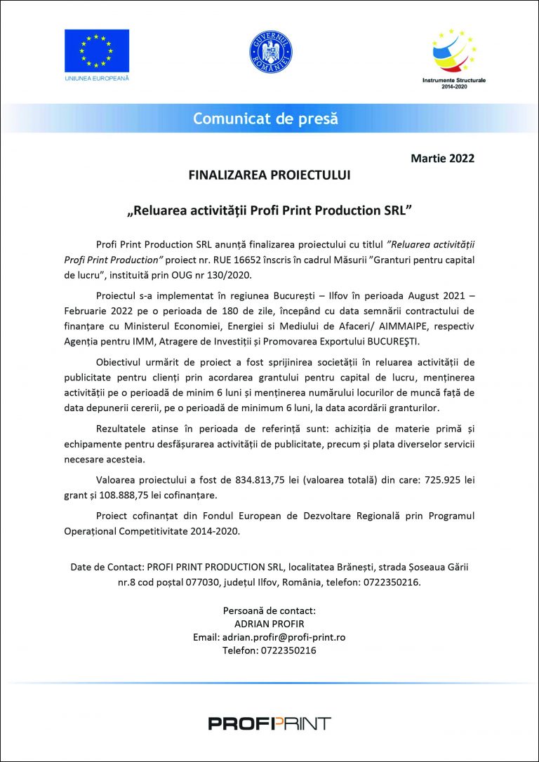 Comuncat de presă Profi Print Production SRL