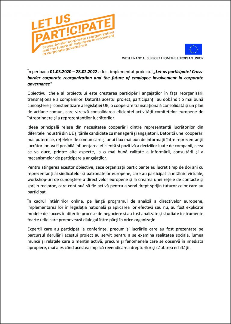Implementare proiect „Let us participate! Cross-border corporate reorganization and the future of employee involvement in corporate governance”