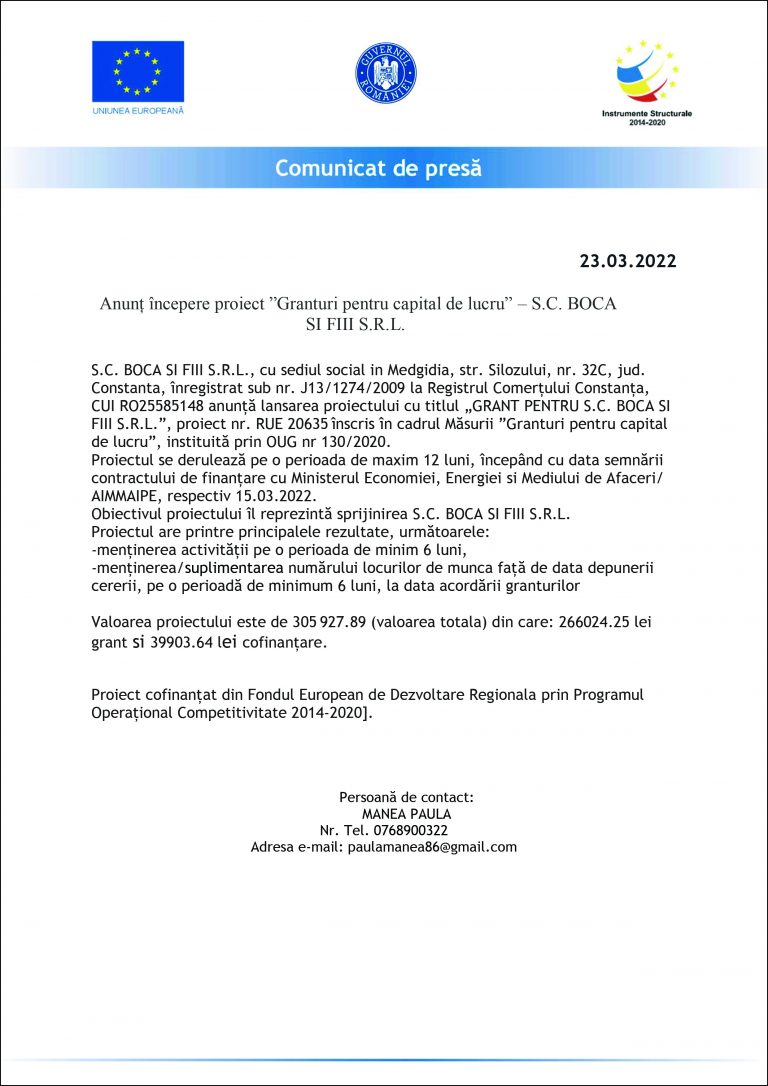 Comunicat de presă S.C. BOCA SI FIII S.R.L.