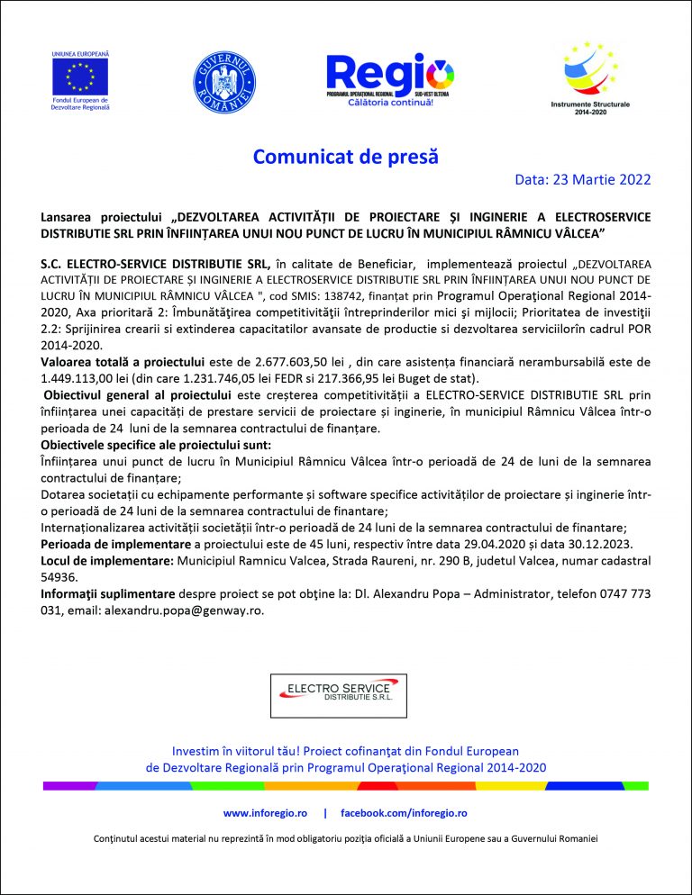 Comunicat de presa S.C. ELECTRO-SERVICE DISTRIBUTIE SRL
