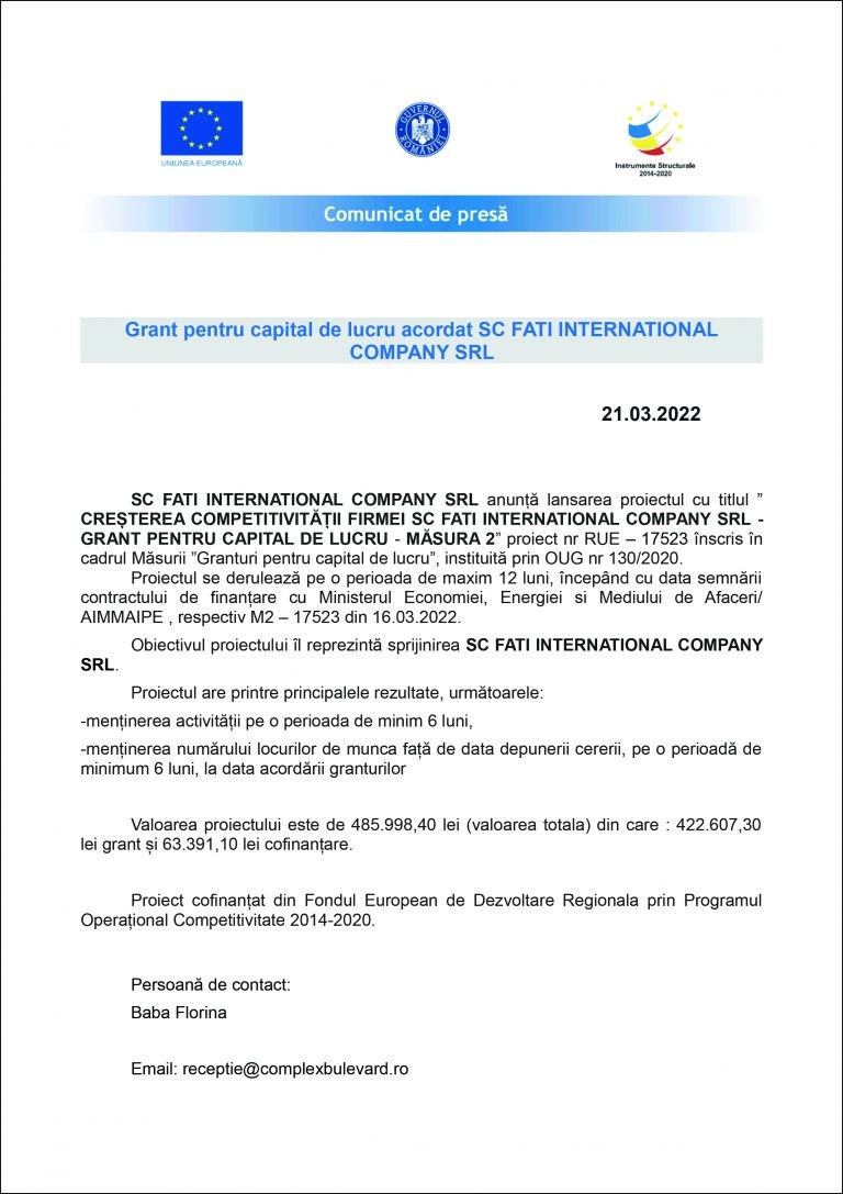 Comunicat de presa SC FATI INTERNATIONAL COMPANY SRL