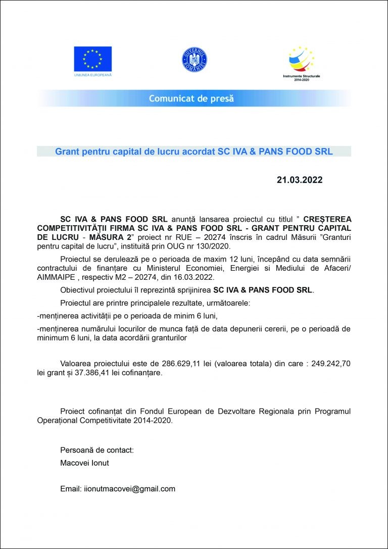 Comunicat de presa SC IVA & PANS FOOD SRL