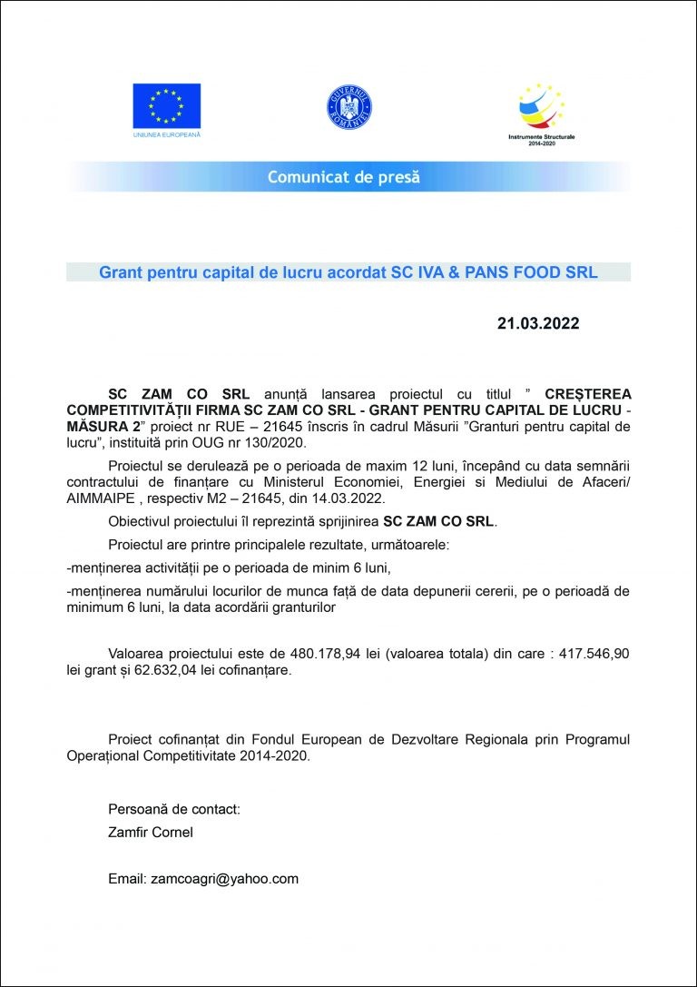 Comunicat de presa SC ZAM CO SRL