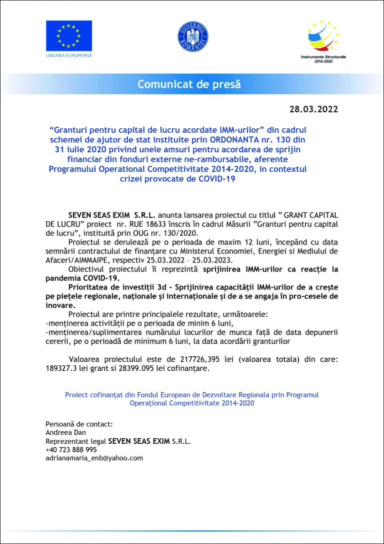 Comunicat de presă SEVEN SEAS EXIM S.R.L.