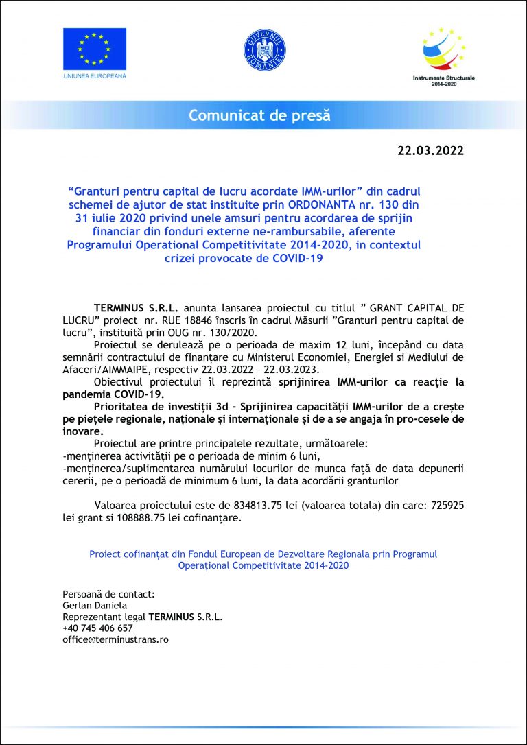 Comunicat de presă TERMINUS S.R.L.