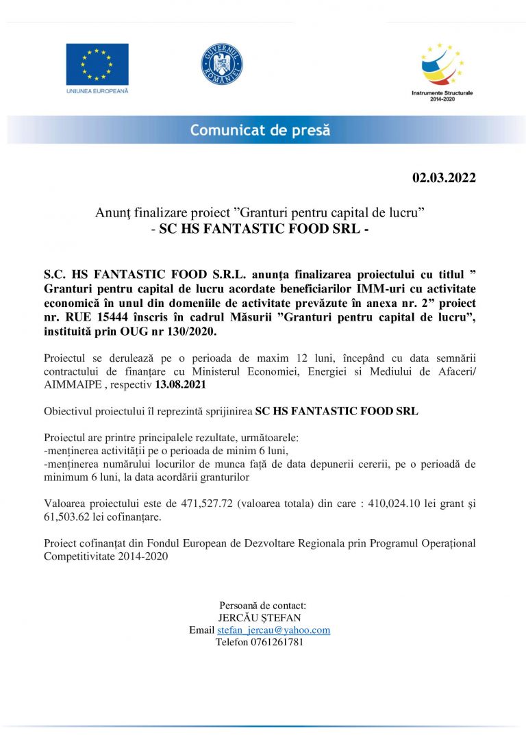 Comunicat de presă SC HS FANTASTIC FOOD SRL