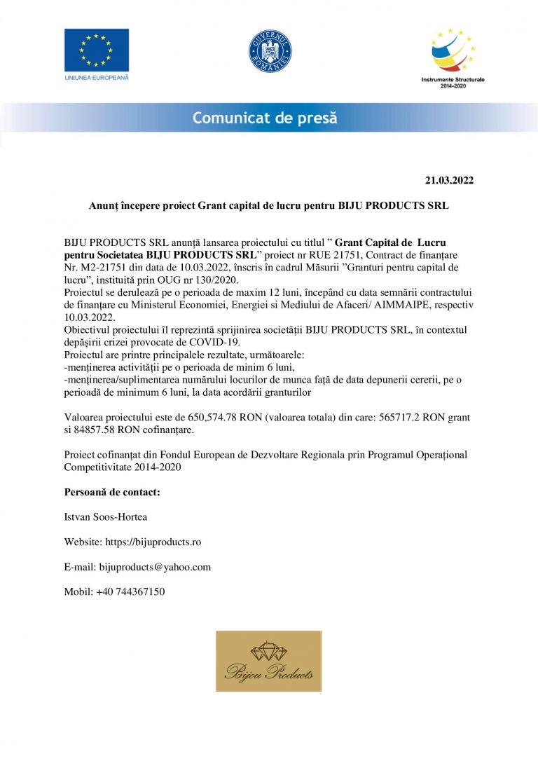Comunicat de presă BIJU PRODUCTS SRL