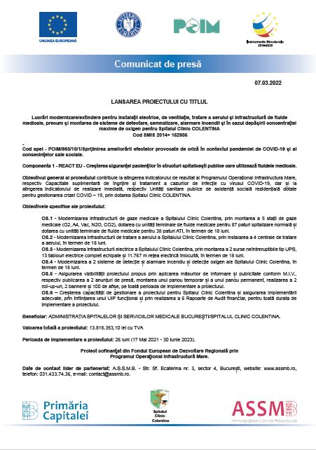 Comunicat de presă Spitalul Clinic COLENTINA Cod SMIS 2014+ 152935