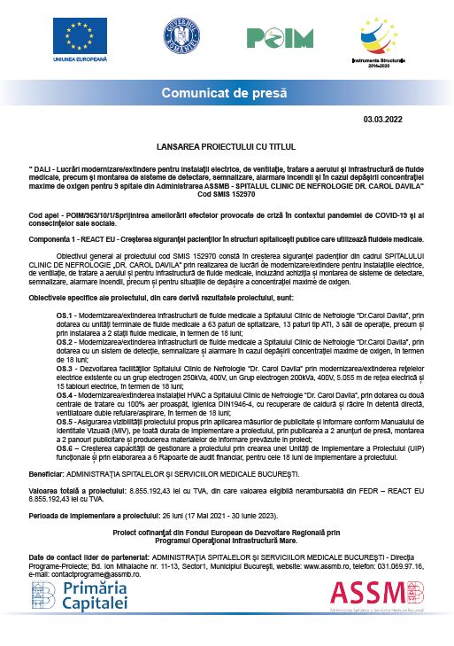 Comunicat de presă SPITALUL CLINIC DE NEFROLOGIE DR. CAROL DAVILA Cod SMIS 152970