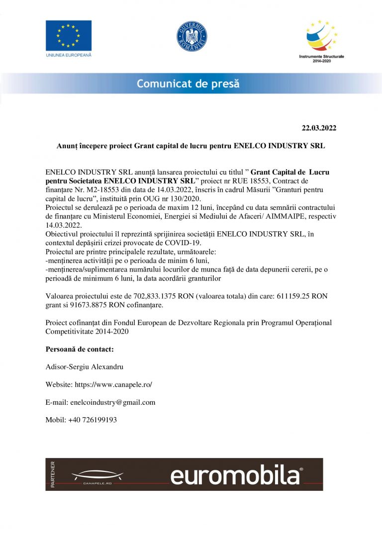 Comunicat de presă ENELCO INDUSTRY SRL