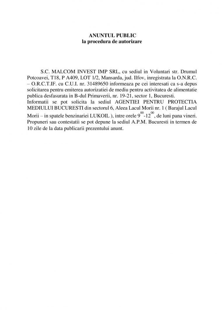 Anunț public MALCOM INVEST IMP SRL