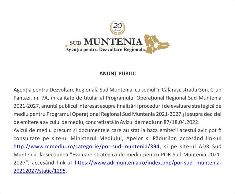 Anunț public ADR Sud Muntenia