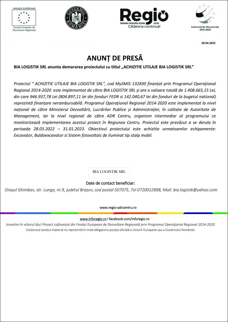 Comunicat de presa BIA LOGISTIK SRL