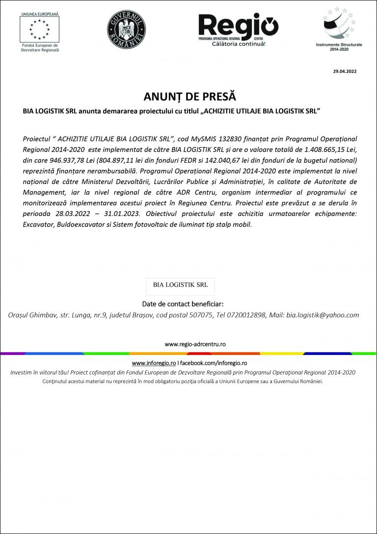Comunicat de presa BIA LOGISTIK SRL