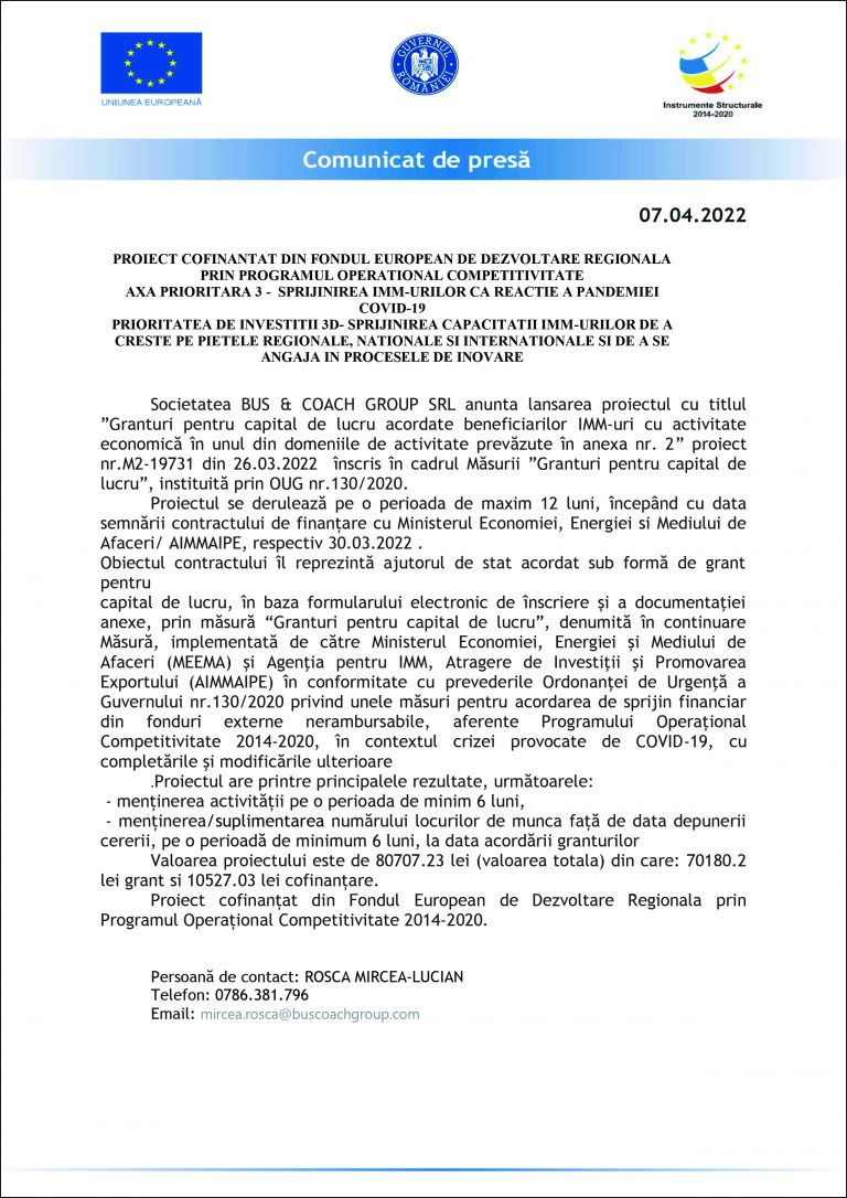 Comunicat de presă BUS & COACH GROUP SRL