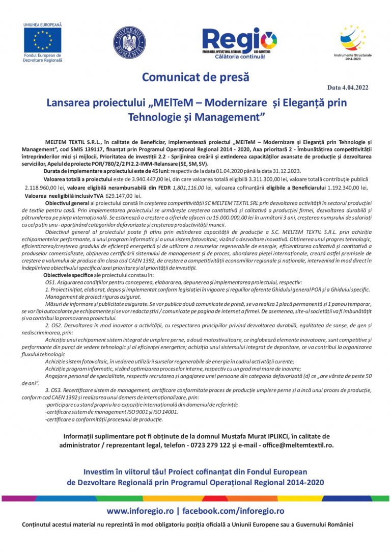 Comunicat de presă MELTEM TEXTIL S.R.L.
