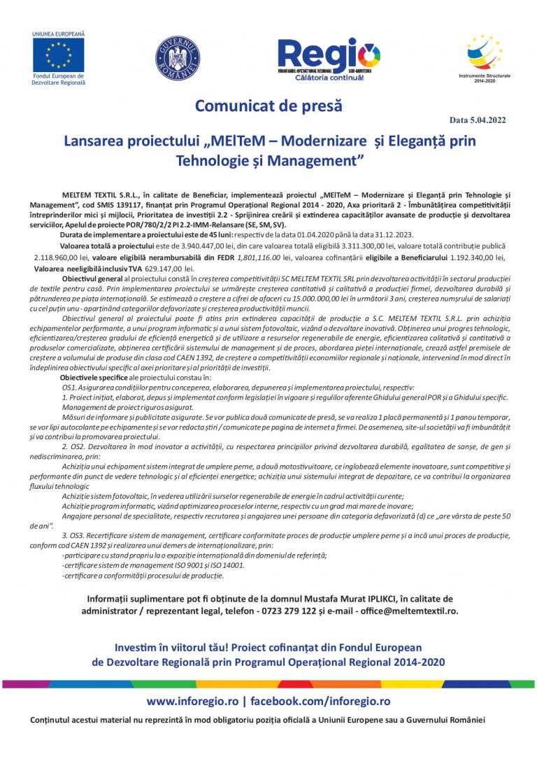 Comunicat de presă MELTEM TEXTIL S.R.L.