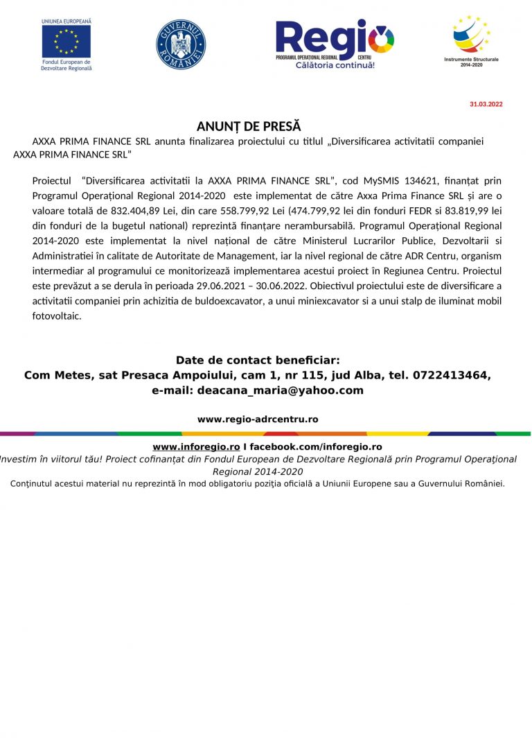 Anunț de presă AXXA PRIMA FINANCE SRL