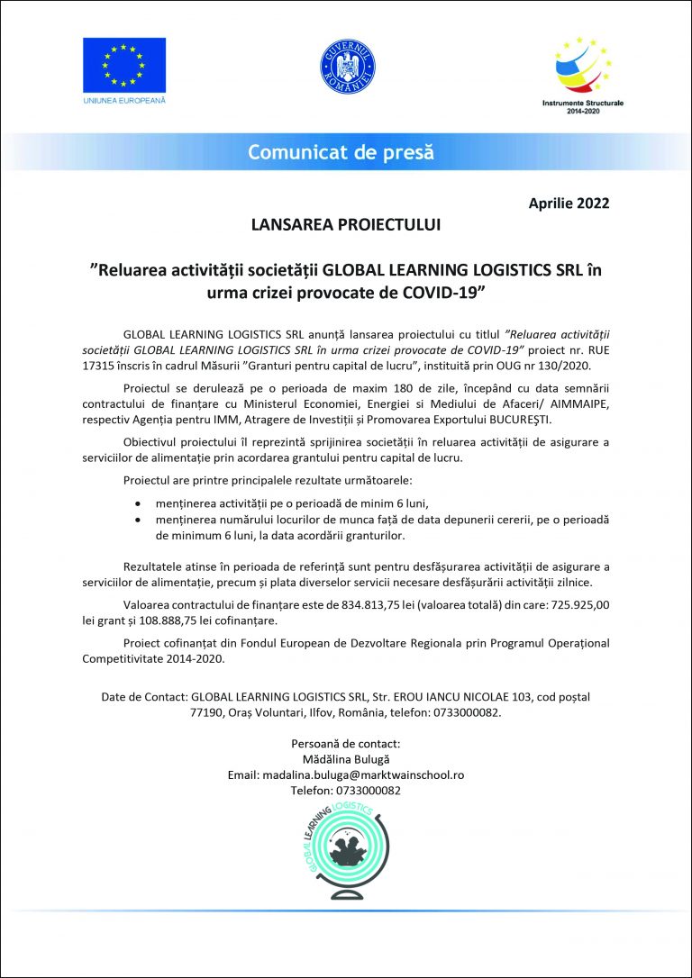 Comunicat de presă GLOBAL LEARNING LOGISTICS SRL