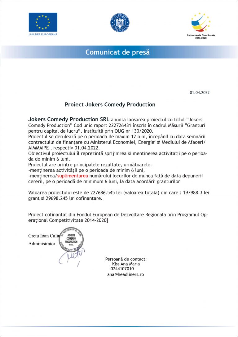 Comunicat de presă Jokers Comedy Production SRL