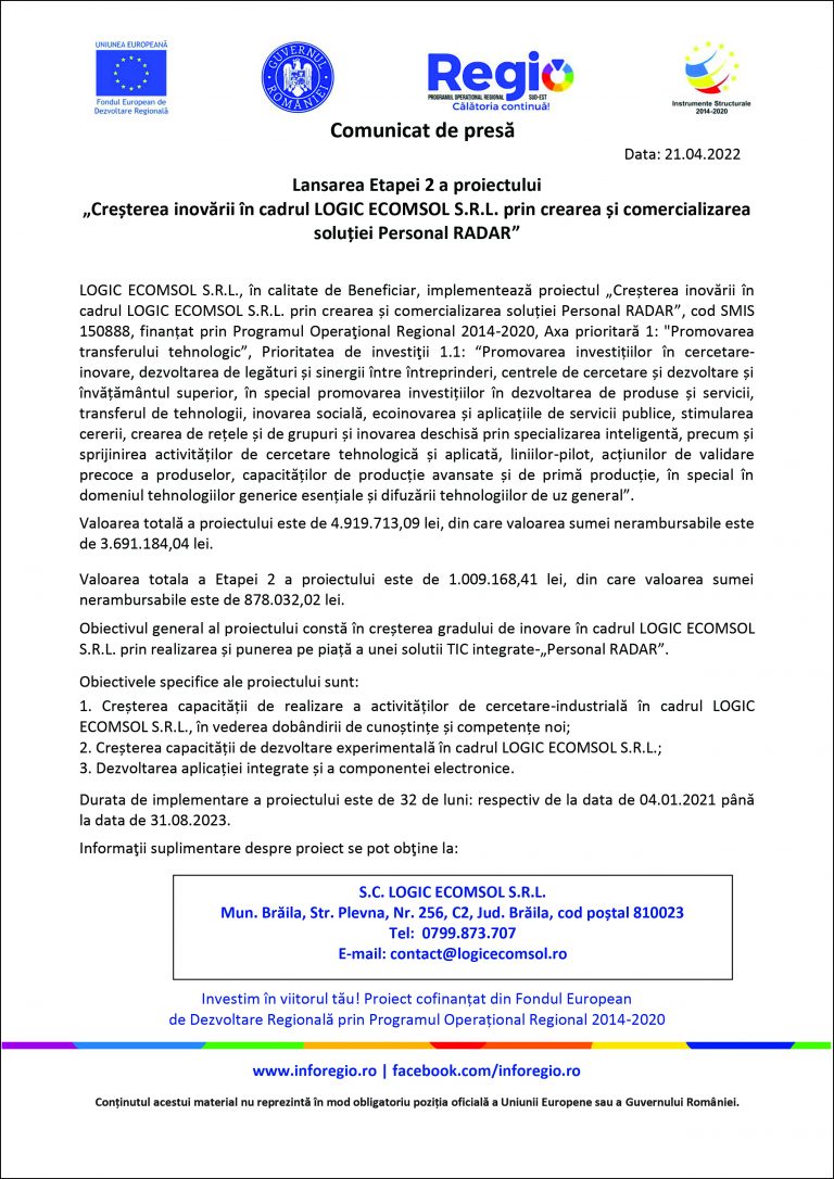 Comunicat de presă SC LOGIC ECOMSOL S.R.L.