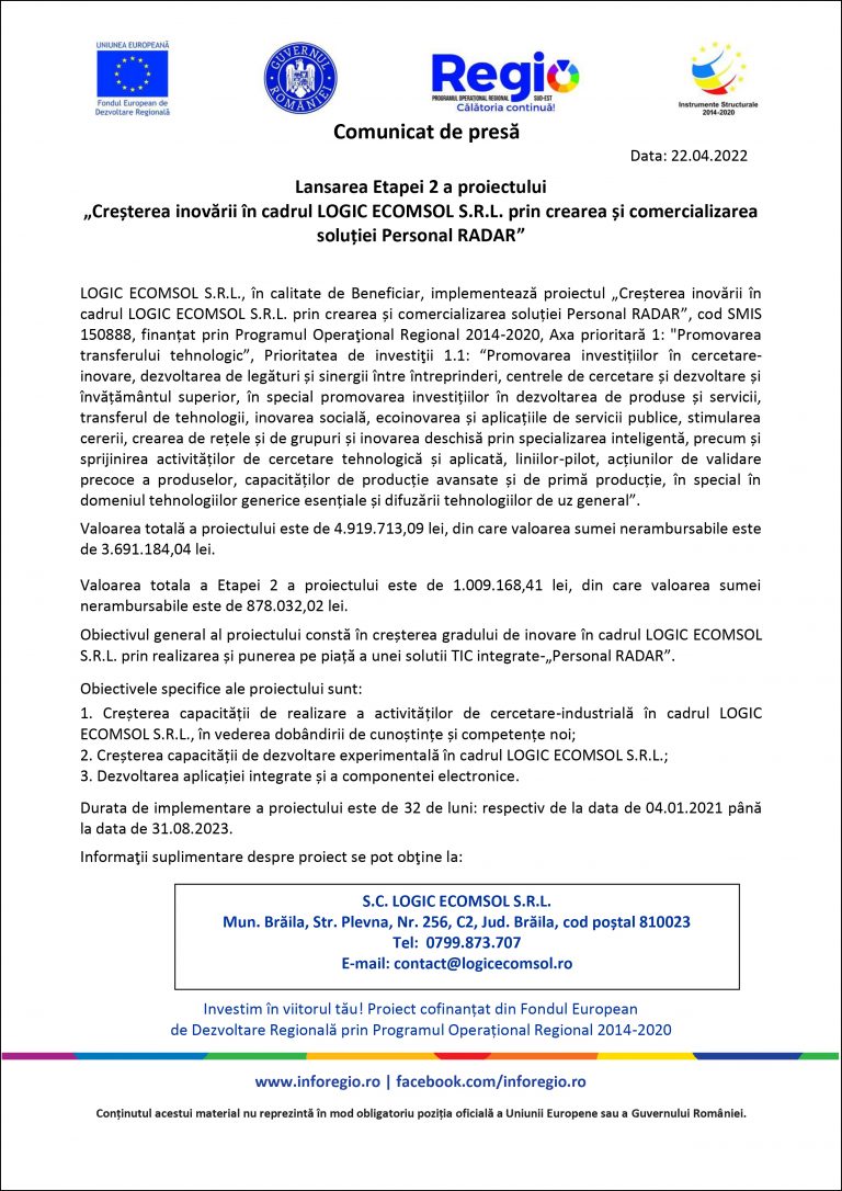 Comunicat de presă SC LOGIC ECOMSOL S.R.L.