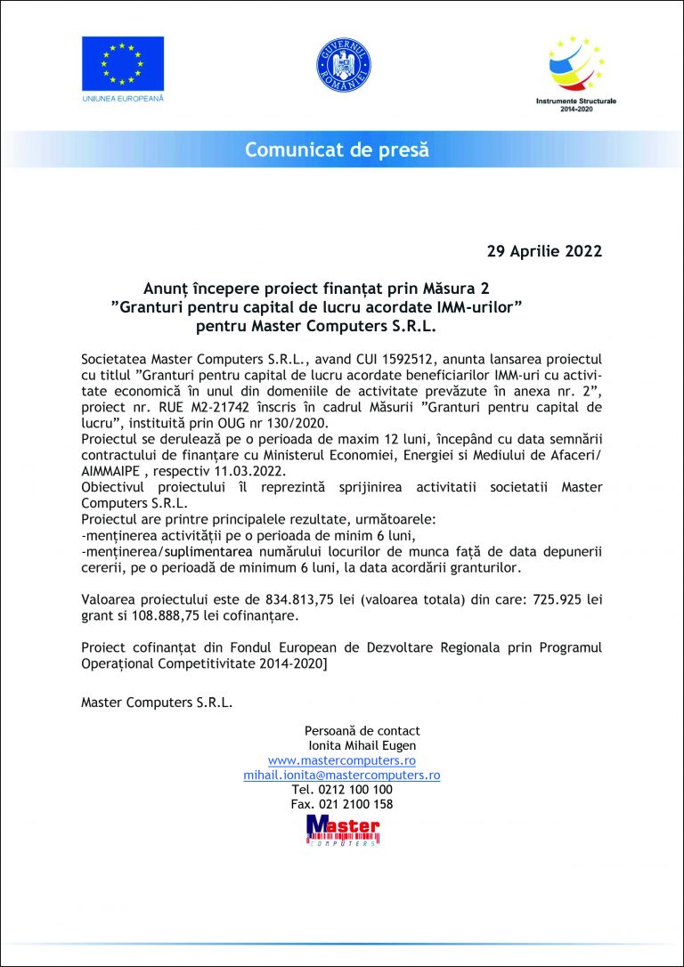Comunicat de presă Master Computers S.R.L