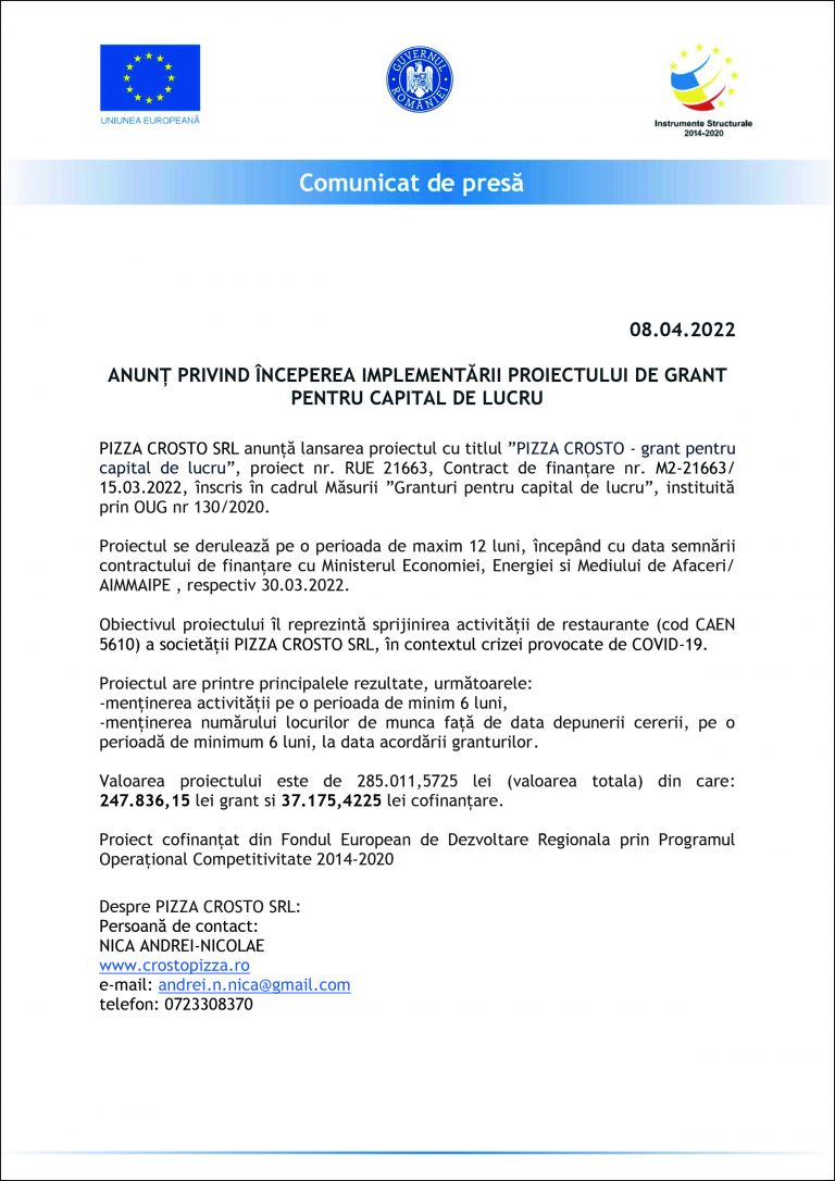 Comunicat de presă PIZZA CROSTO SRL