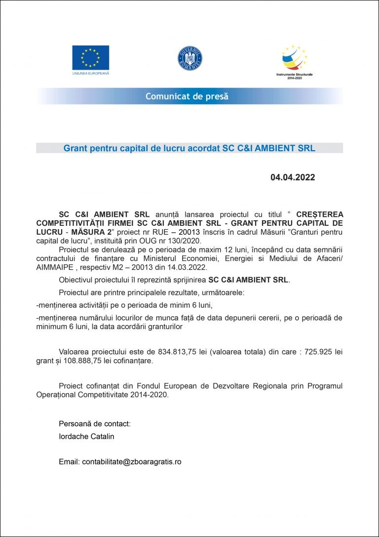 Comunicat de presă SC C&I AMBIENT SRL