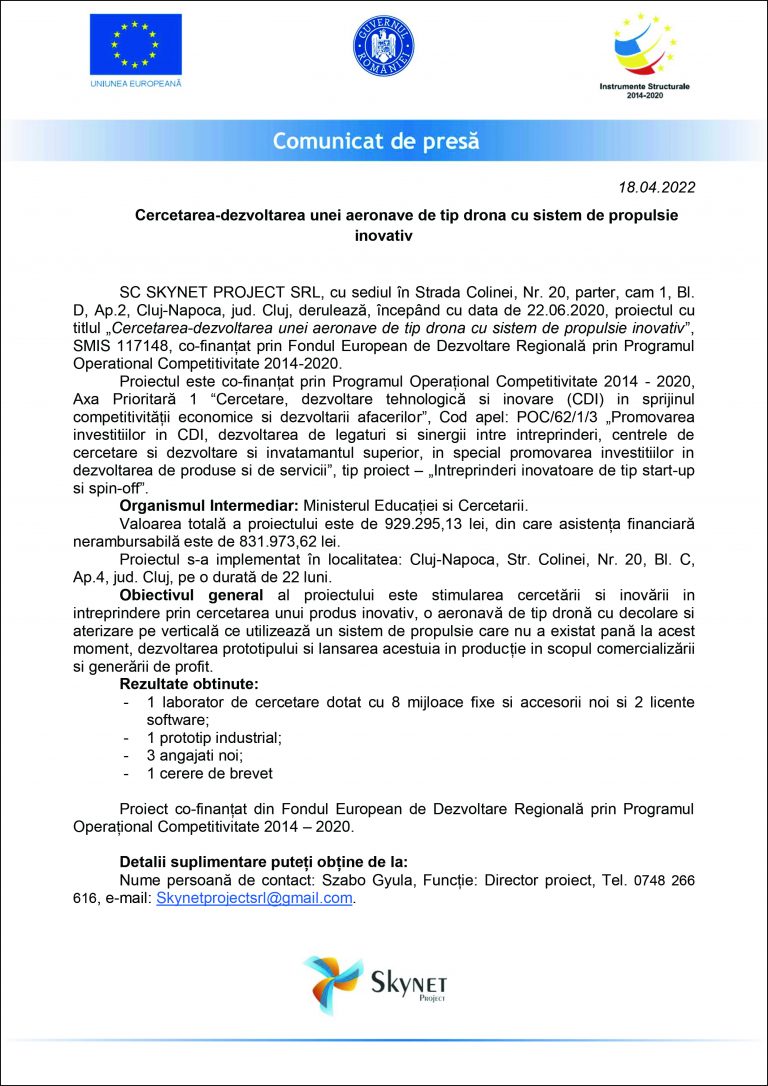 Comunicat de presă SC SKYNET PROJECT SRL