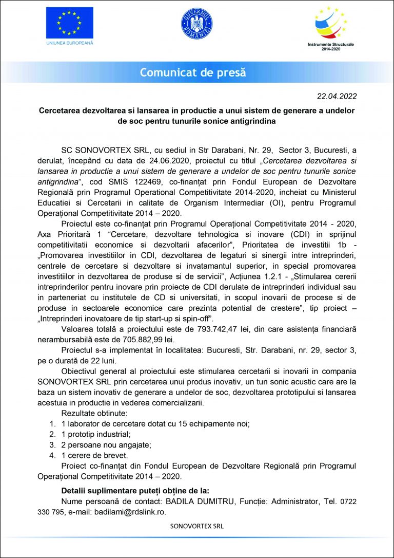 Comunicat de presă SC SONOVORTEX SRL