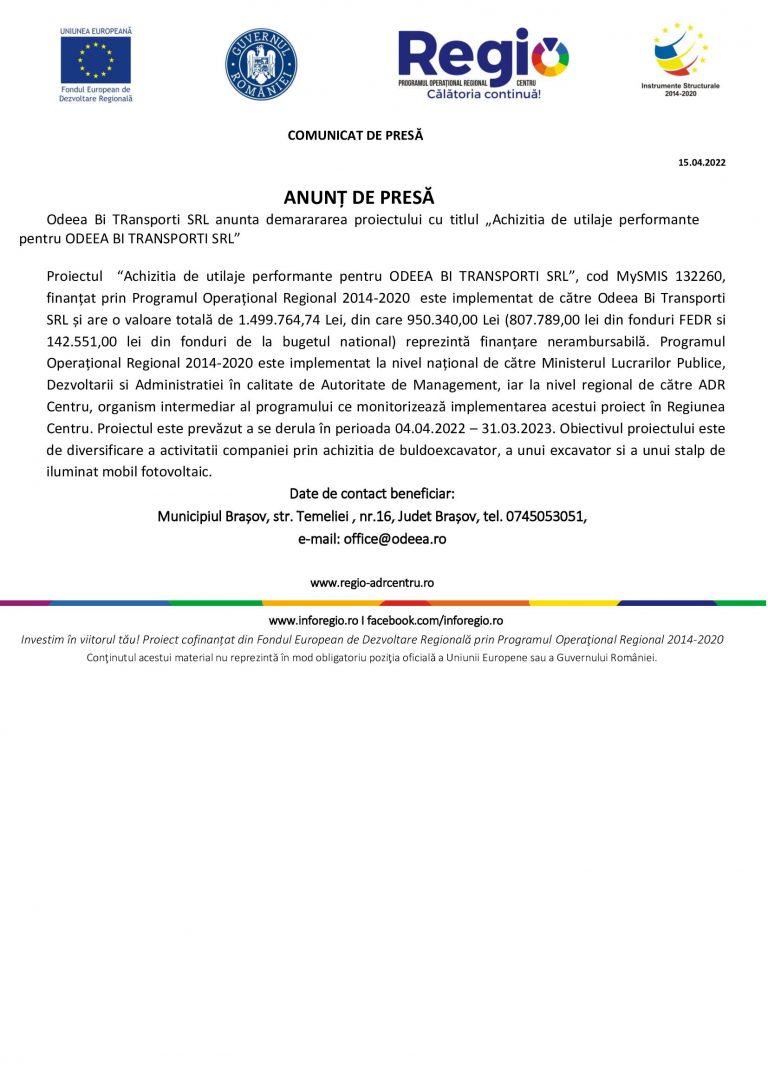 Comunicat de presă Odeea Bi TRansporti SRL