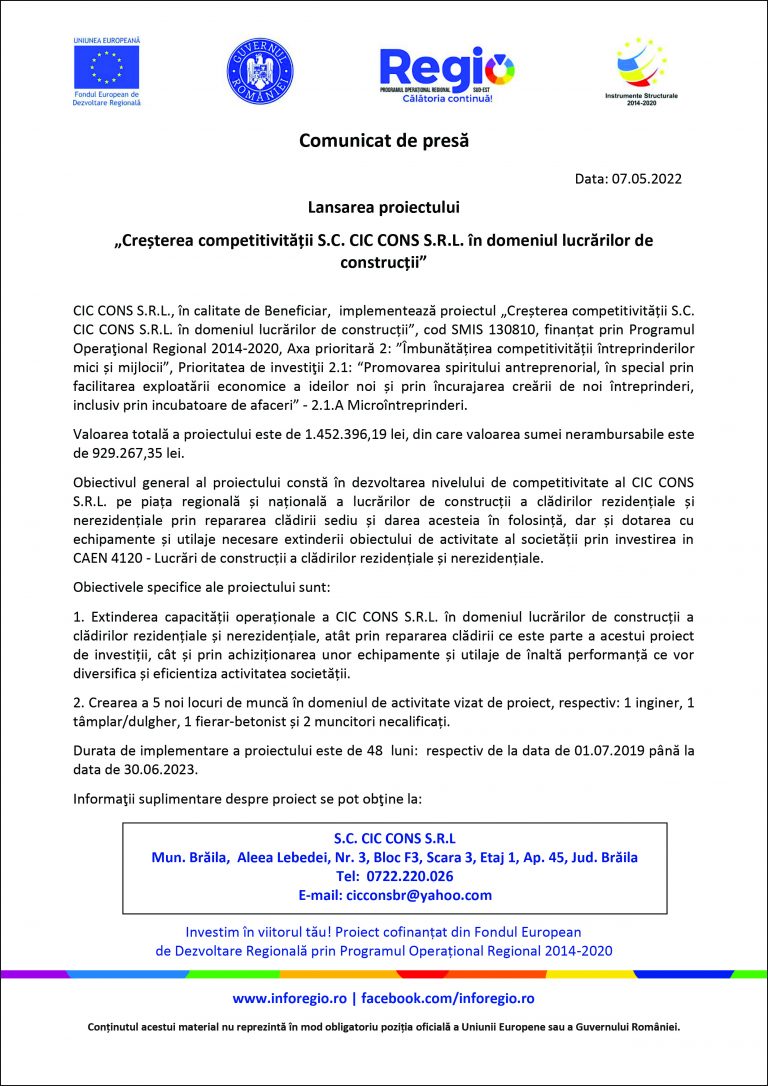 Comunicat de presă CIC CONS S.R.L.