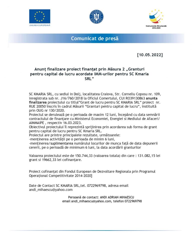 Comunicat de presă SC KMARIA SRL