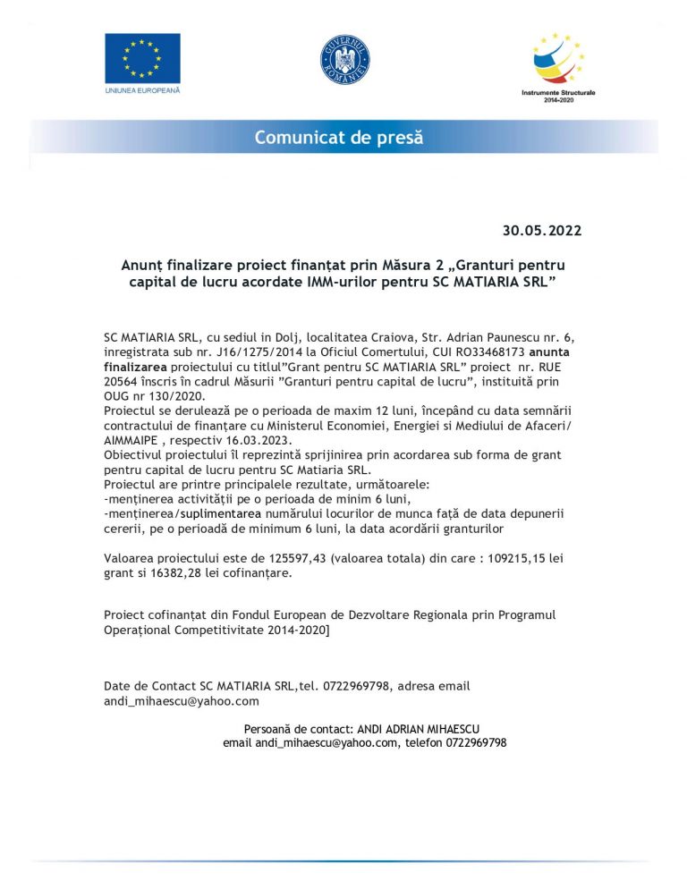 Comunicat de presă SC MATIARIA SRL
