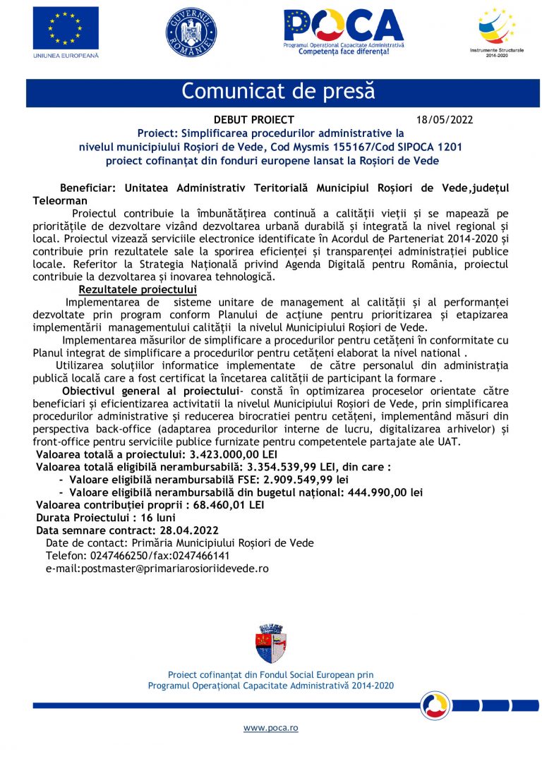 Comunicat de presă Unitatea Administrativ Teritorială Municipiul Roșiori de Vede