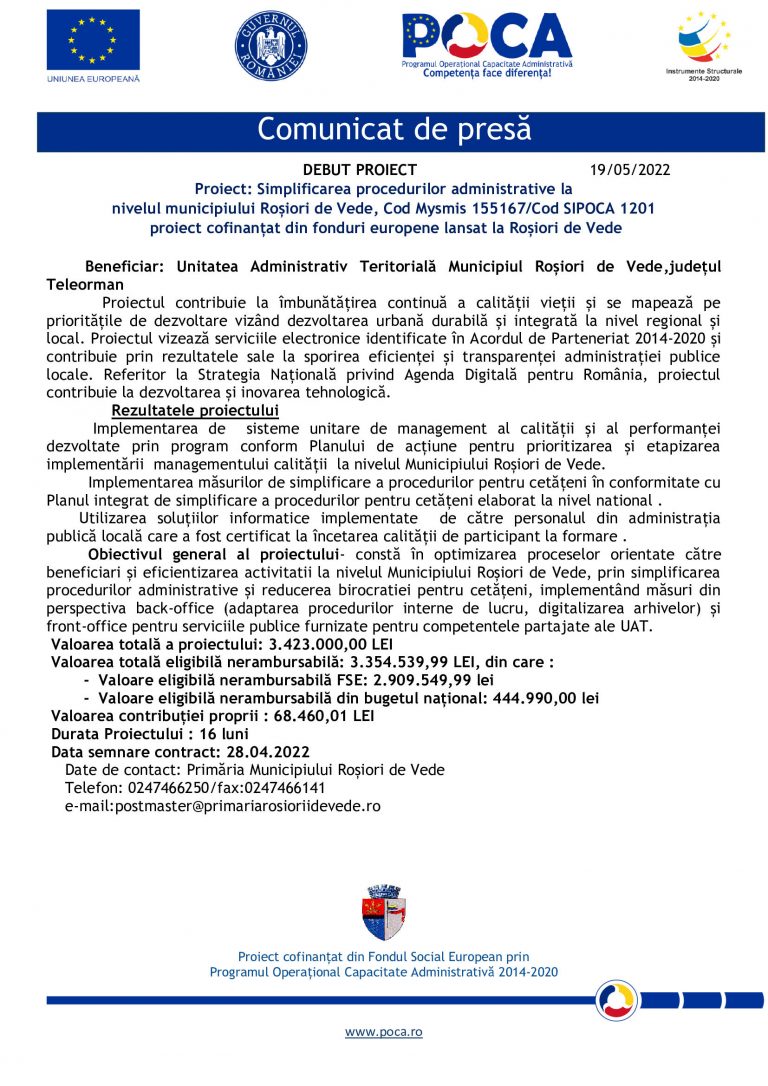 Comunicat de presă Unitatea Administrativ Teritorială Municipiul Roșiori de Vede