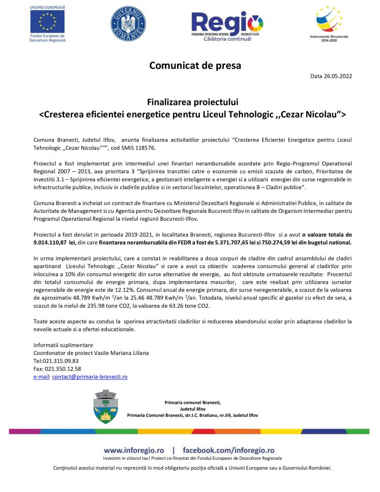 Finalizarea proiectului  Cresterea eficientei energetice pentru Liceul Tehnologic  ,,Cezar Nicolau”