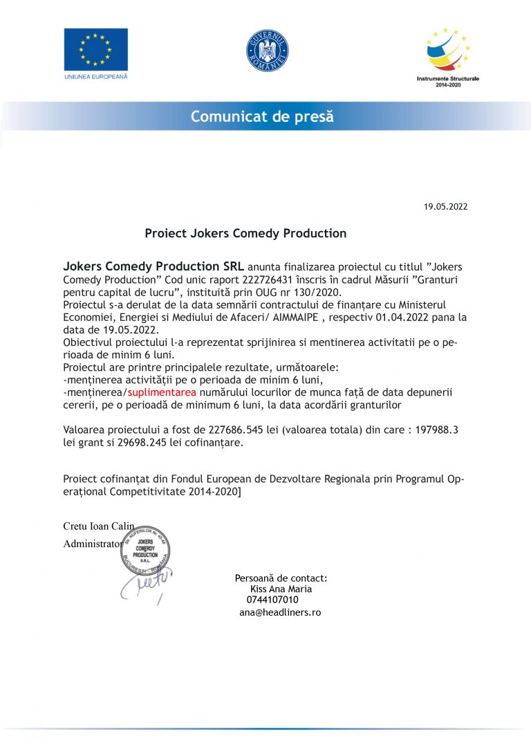 Comunicat de presă Jokers Comedy Production SRL